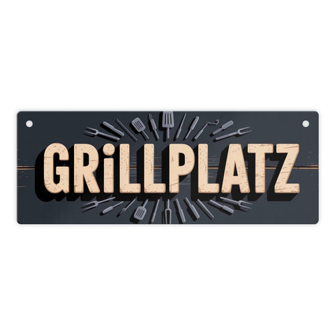 Grillplatz Metallschild mit Grillutensilien Vintage