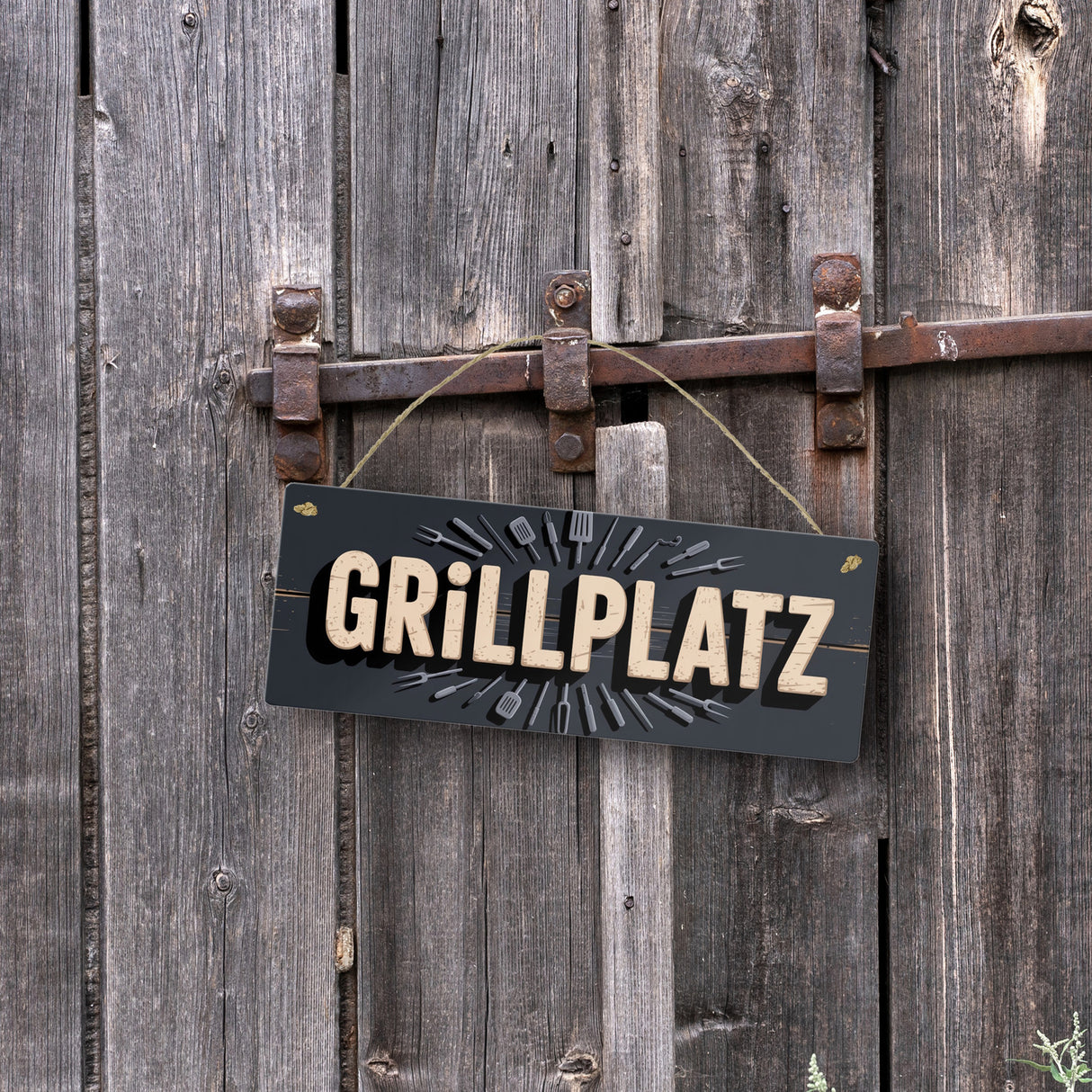 Grillplatz Metallschild mit Grillutensilien Vintage