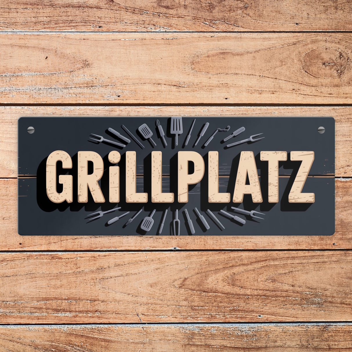 Grillplatz Metallschild mit Grillutensilien Vintage