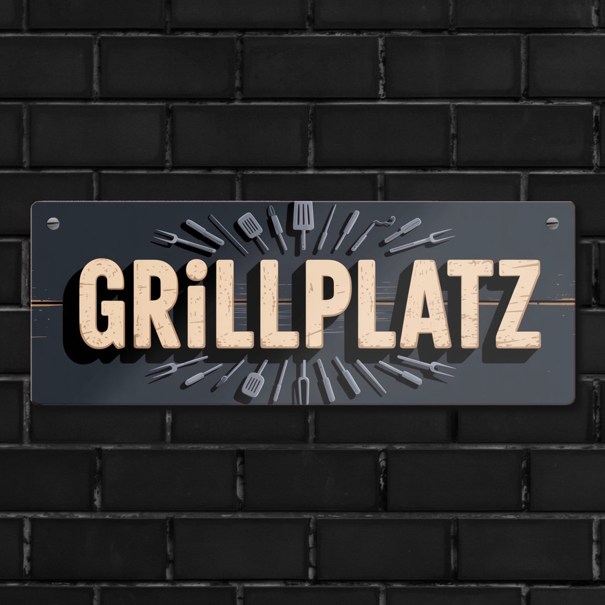Grillplatz Metallschild mit Grillutensilien Vintage