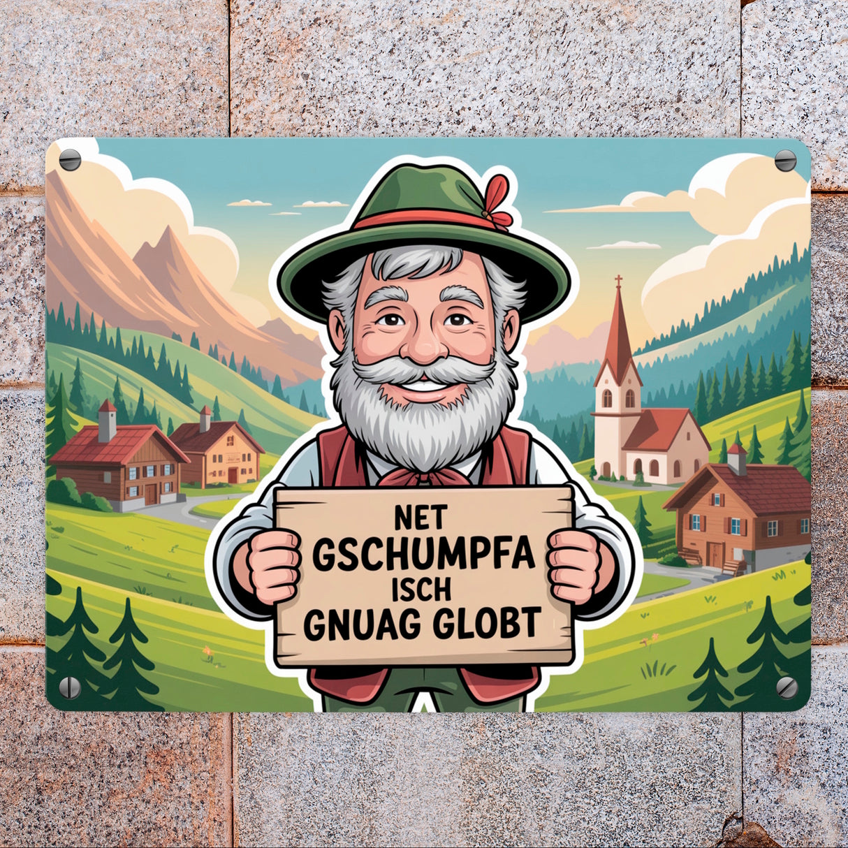 Net gschumpfa isch gnuag globt Fröhlicher Mann Metallschild in 15x20 cm