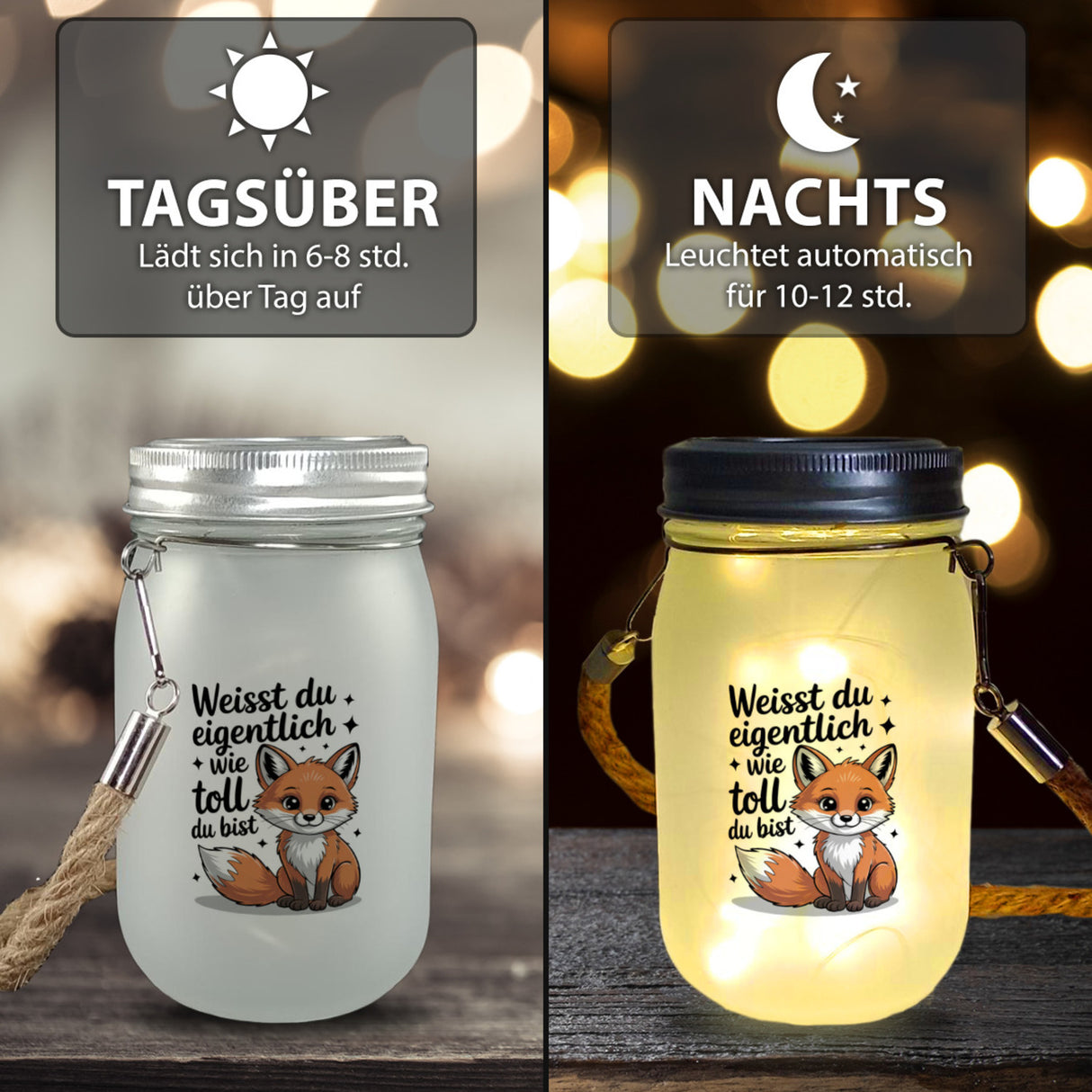 Fuchs Solarlicht mit Spruch Weißt du eigentlich wie toll du bist