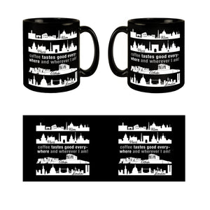Metropolen Tasse in Schwarz mit Spruch: Coffee tastes good everywhere!