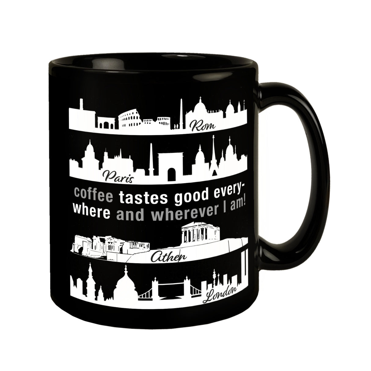 Metropolen Tasse in Schwarz mit Spruch: Coffee tastes good everywhere!