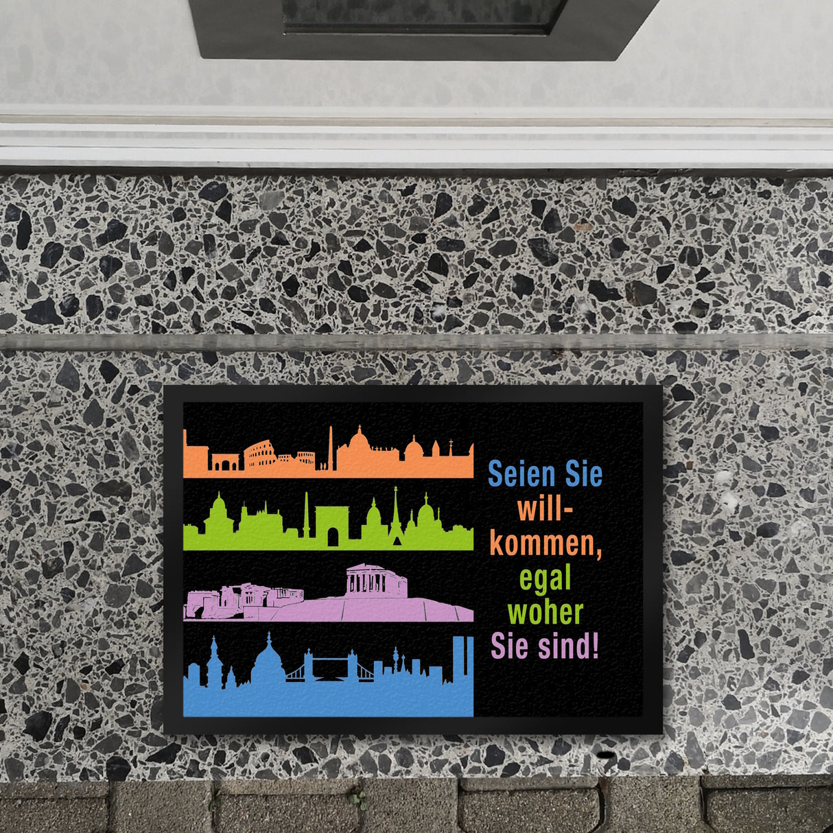 Metropolen Fußmatte in 35x50 cm mit Spruch: Willkommen, egal woher Sie sind!