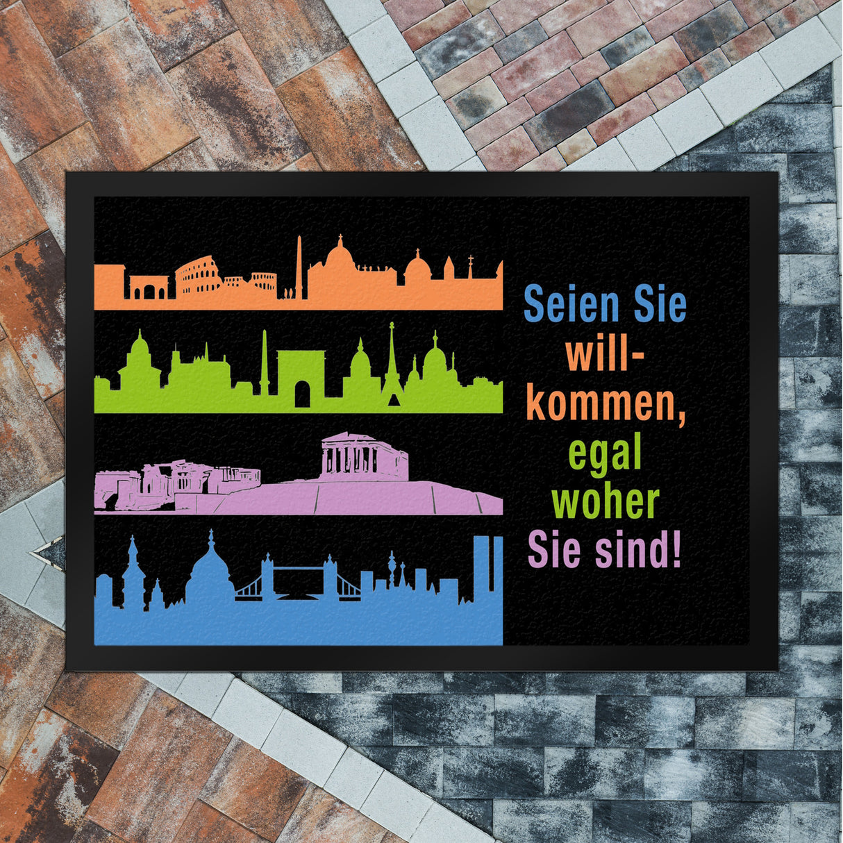 Metropolen Fußmatte in 35x50 cm mit Spruch: Willkommen, egal woher Sie sind!