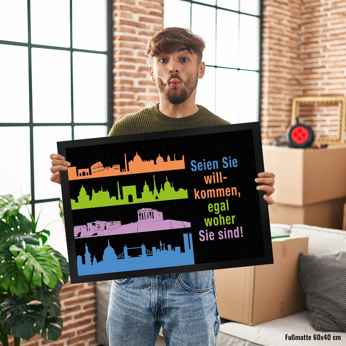 Metropolen Fußmatte in 35x50 cm mit Spruch: Willkommen, egal woher Sie sind!