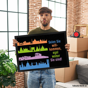 Metropolen Fußmatte in 35x50 cm mit Spruch: Willkommen, egal woher Sie sind!