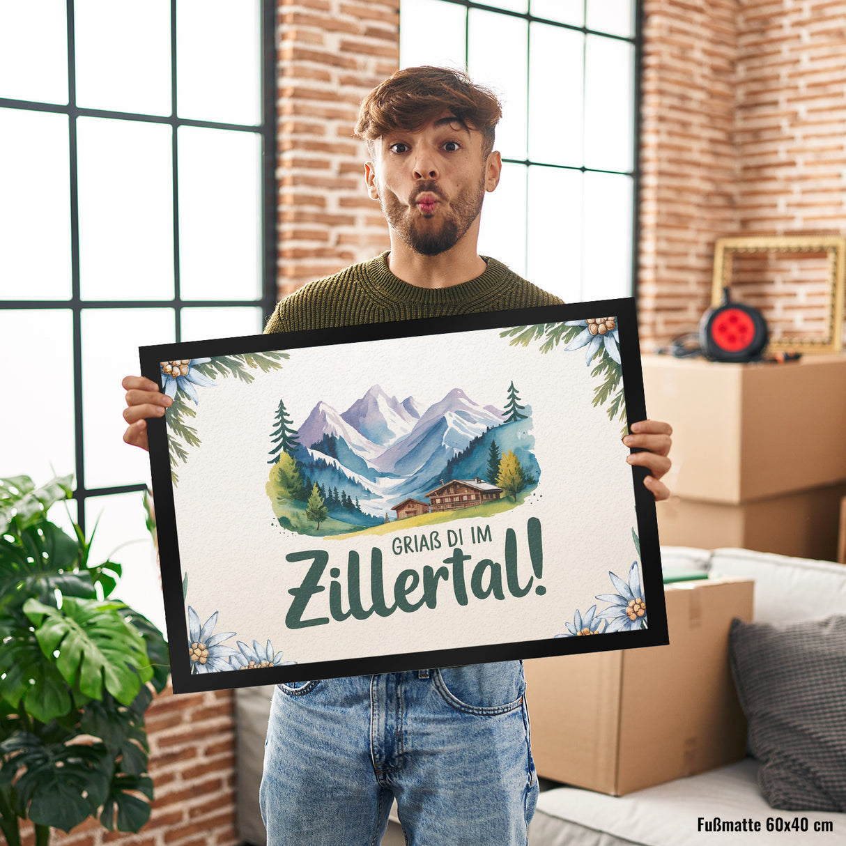Griaß di im Zillertal! Fußmatte in 35x50 cm mit Berglandschaft