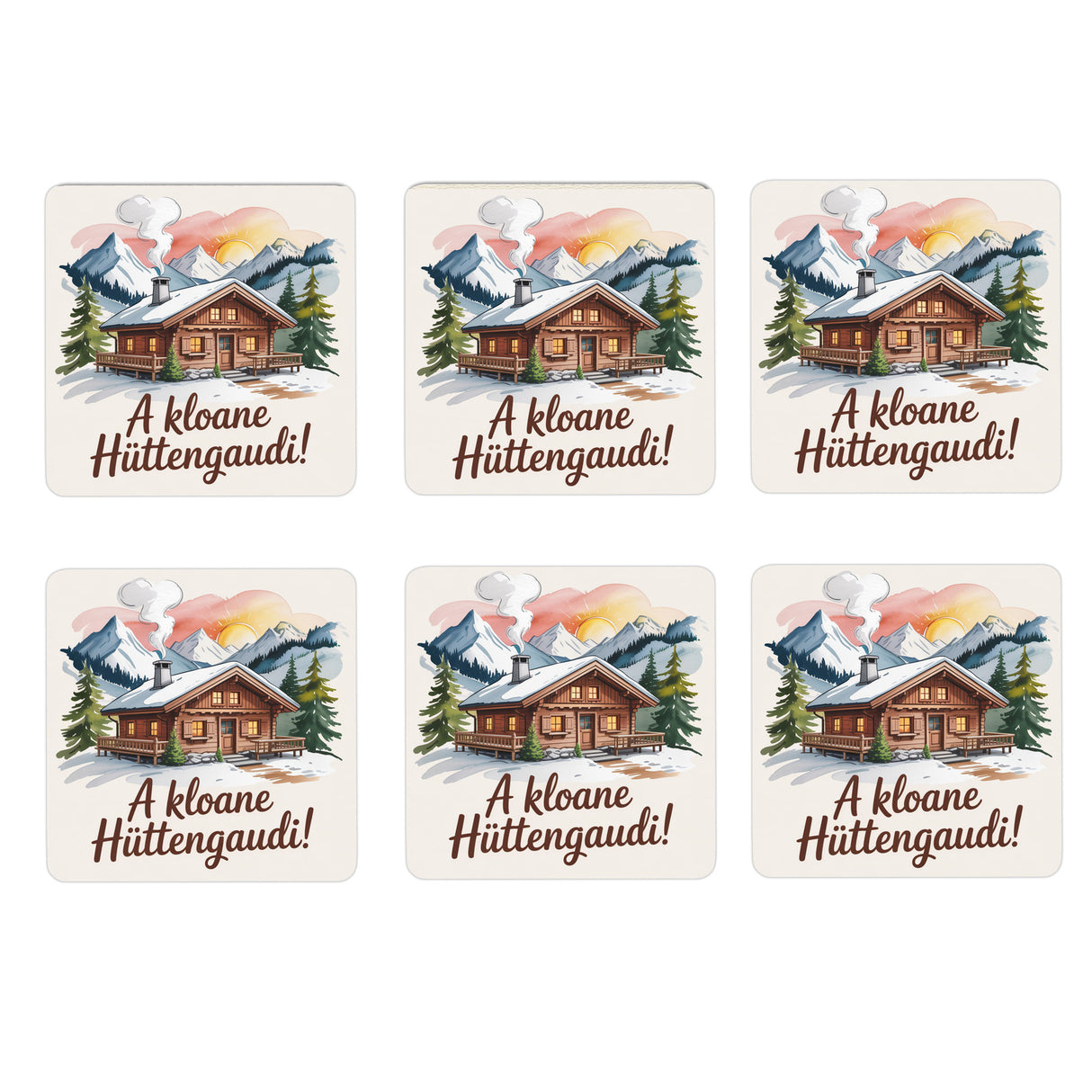 A kloane Hüttengaudi 6er Set Untersetzer aus Holz mit Berghütte