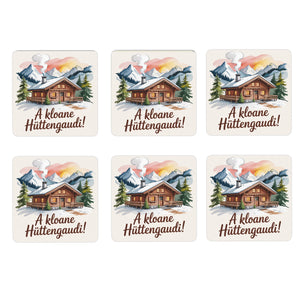 A kloane Hüttengaudi 6er Set Untersetzer aus Holz mit Berghütte