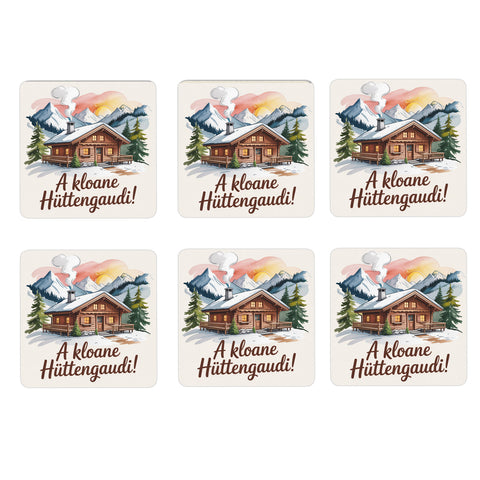 A kloane Hüttengaudi 6er Set Untersetzer aus Holz mit Berghütte