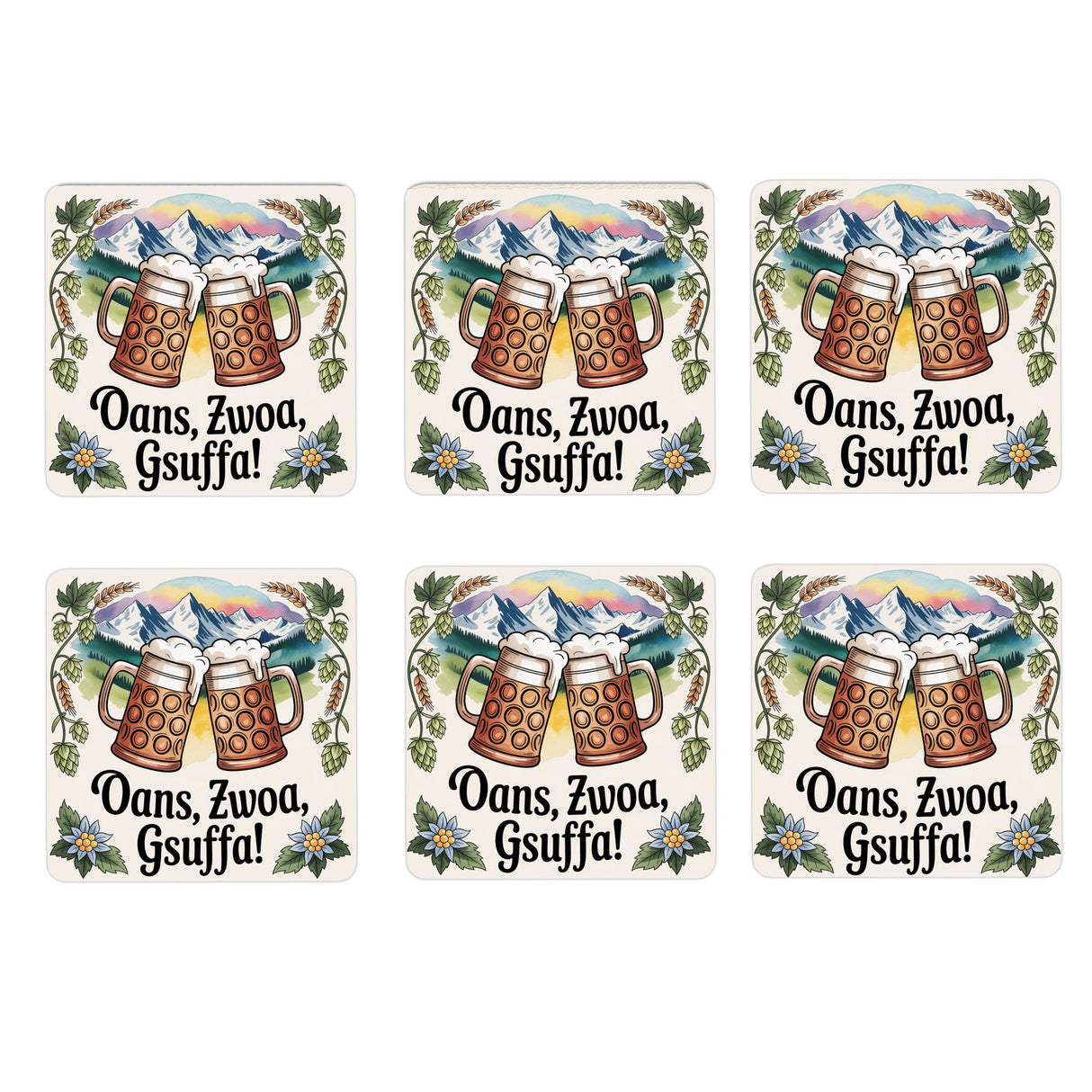 Bierkrüge Alpenpanorama 6er Set Untersetzer aus Holz Oans, zwoa, gsuffa!