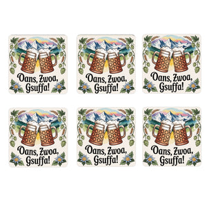 Bierkrüge Alpenpanorama 6er Set Untersetzer aus Holz Oans, zwoa, gsuffa!