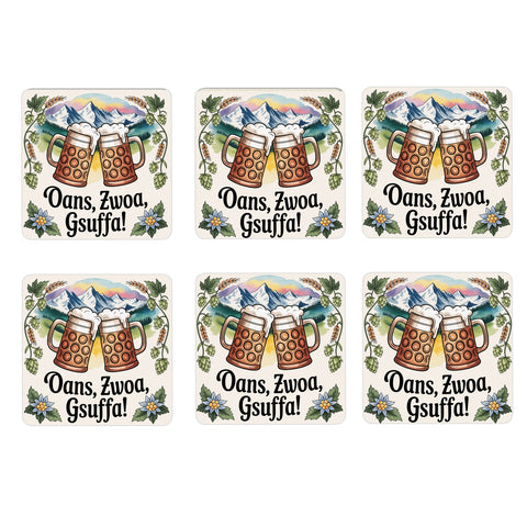 Bierkrüge Alpenpanorama 6er Set Untersetzer aus Holz Oans, zwoa, gsuffa!