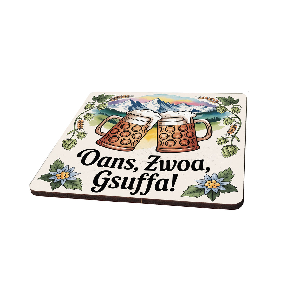 Bierkrüge Alpenpanorama 6er Set Untersetzer aus Holz Oans, zwoa, gsuffa!