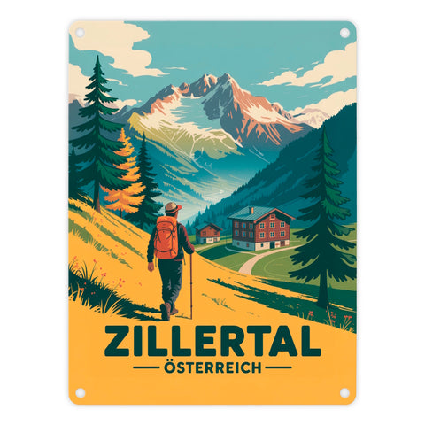 Vintage Zillertal Souvenir Metallschild in 15x20 cm mit Wanderer