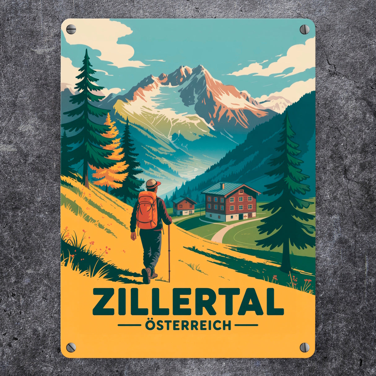 Vintage Zillertal Souvenir Metallschild in 15x20 cm mit Wanderer