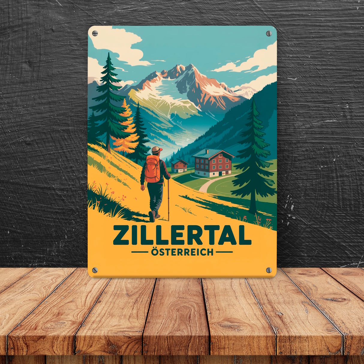 Vintage Zillertal Souvenir Metallschild in 15x20 cm mit Wanderer