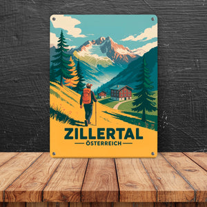 Vintage Zillertal Souvenir Metallschild in 15x20 cm mit Wanderer