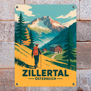 Vintage Zillertal Souvenir Metallschild in 15x20 cm mit Wanderer