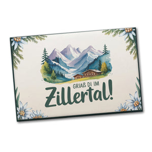 Griaß di im Zillertal! Souvenir Souvenir Magnet mit Berglandschaft