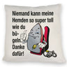 Lächelndes Bügeleisen Kissen mit Spruch: Niemand bügelt Hemden besser. Danke!
