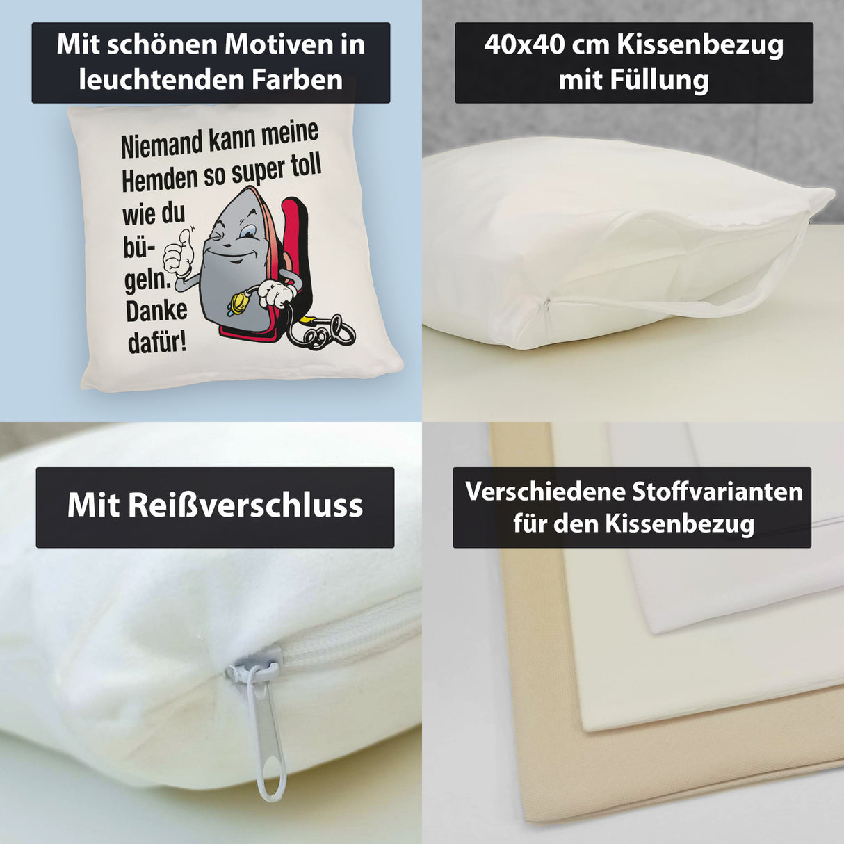 Lächelndes Bügeleisen Kissen mit Spruch: Niemand bügelt Hemden besser. Danke!