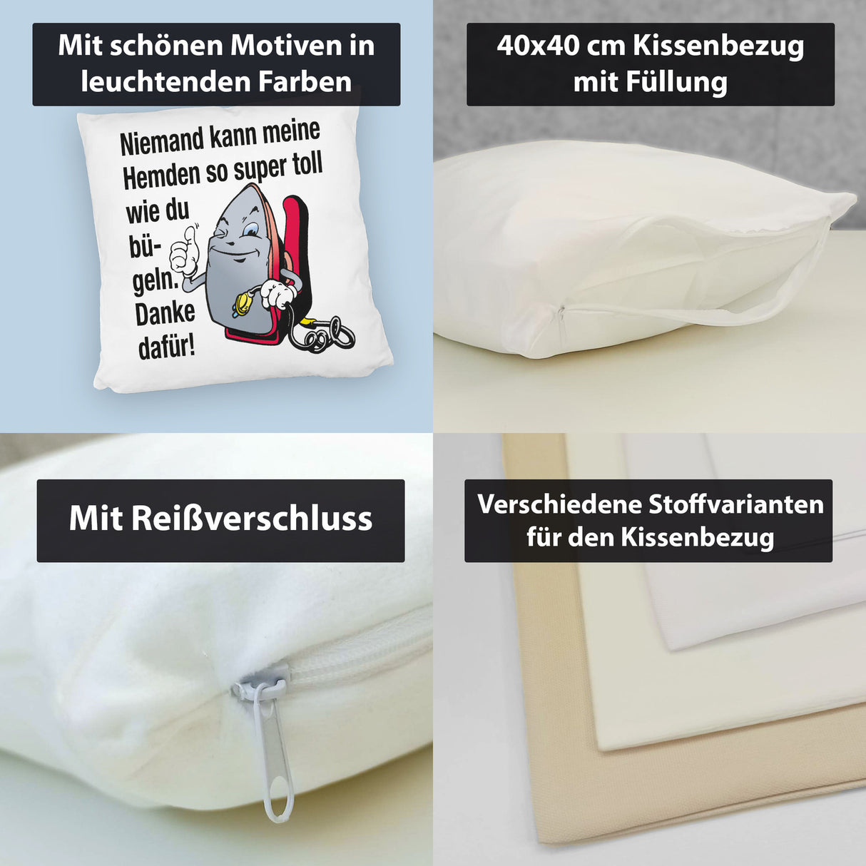 Lächelndes Bügeleisen Kissen mit Spruch: Niemand bügelt Hemden besser. Danke!