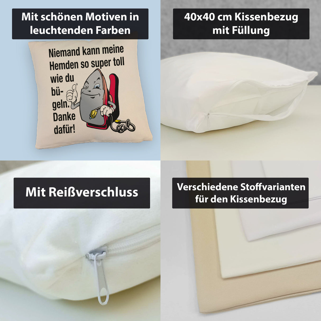 Lächelndes Bügeleisen Kissen mit Spruch: Niemand bügelt Hemden besser. Danke!