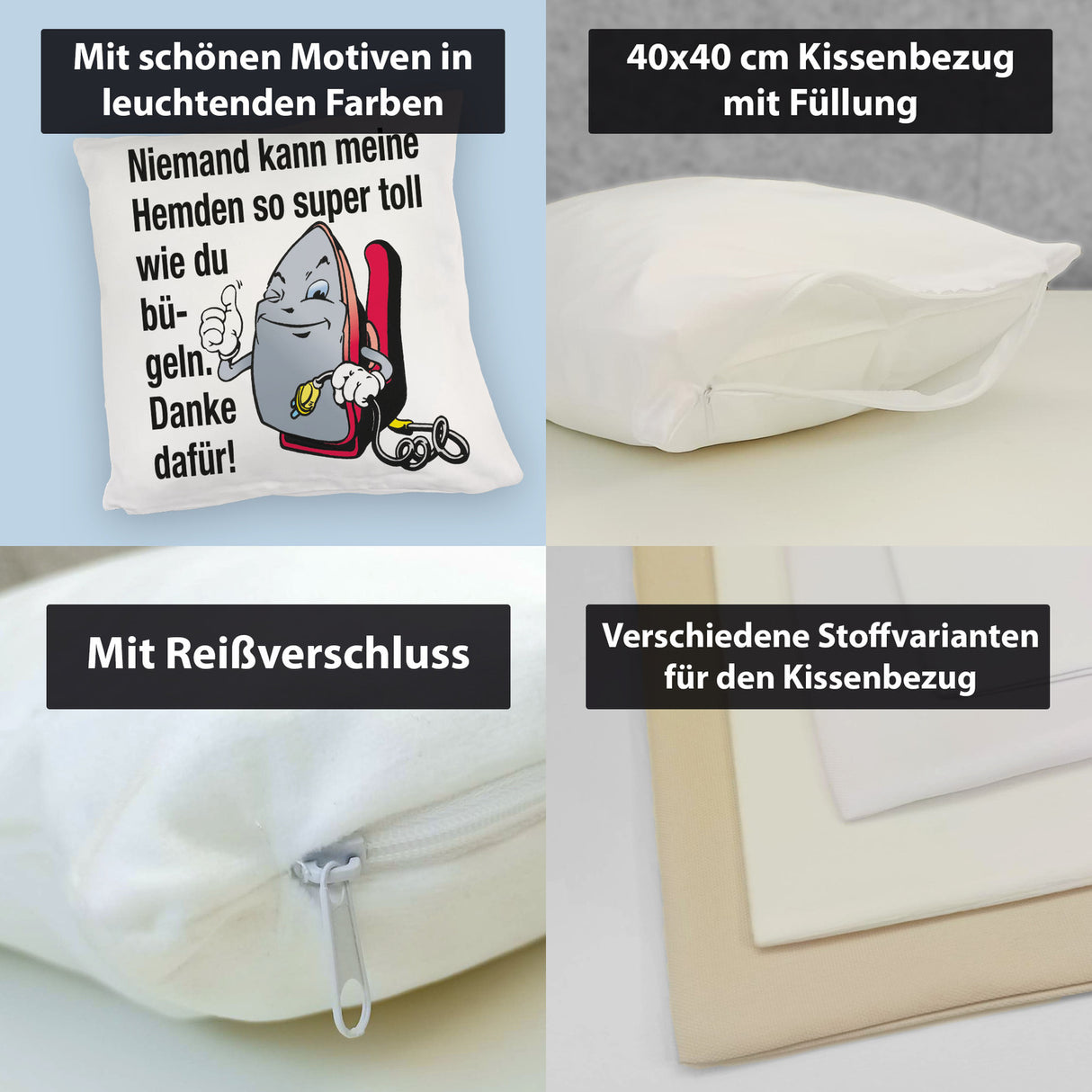 Lächelndes Bügeleisen Kissen mit Spruch: Niemand bügelt Hemden besser. Danke!