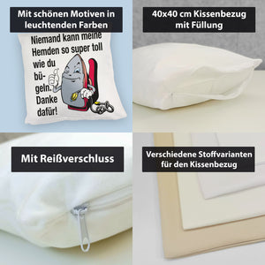Lächelndes Bügeleisen Kissen mit Spruch: Niemand bügelt Hemden besser. Danke!