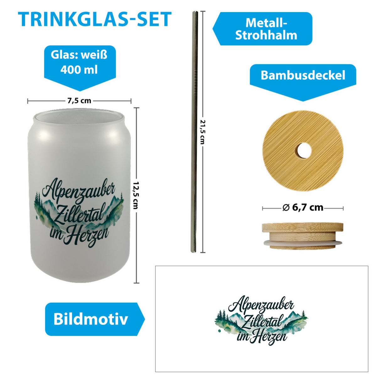 Alpenzauber Zillertal im Herzen Trinkglas mit Bambusdeckel Berglandschaft