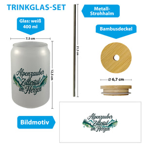 Alpenzauber Zillertal im Herzen Trinkglas mit Bambusdeckel Berglandschaft