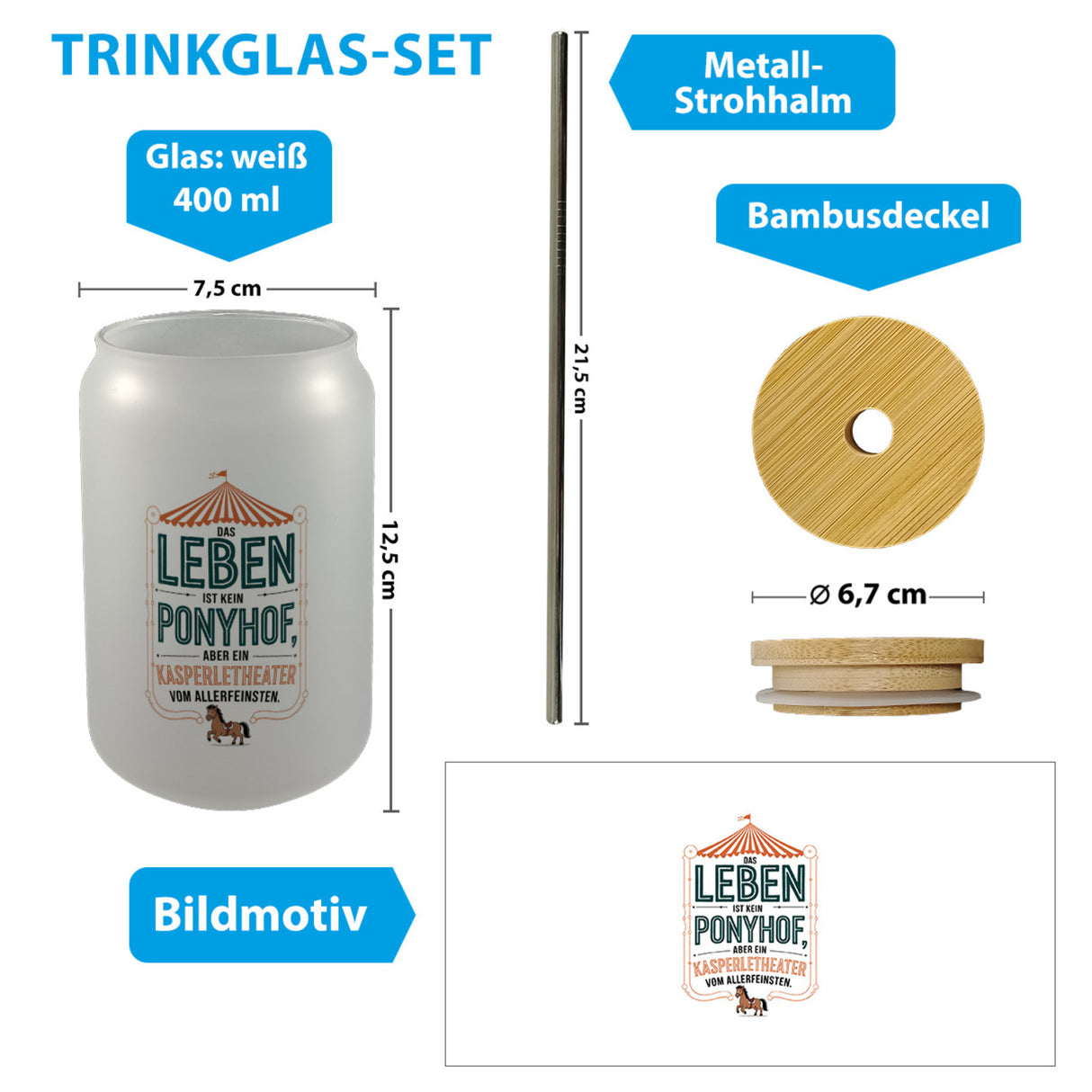 Das Leben ist kein Ponyhof sondern ein Kasperletheater Trinkglas mit Bambusdeckel Cartoon Pferd