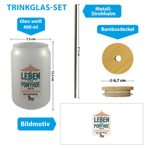 Das Leben ist kein Ponyhof sondern ein Kasperletheater Trinkglas mit Bambusdeckel Cartoon Pferd