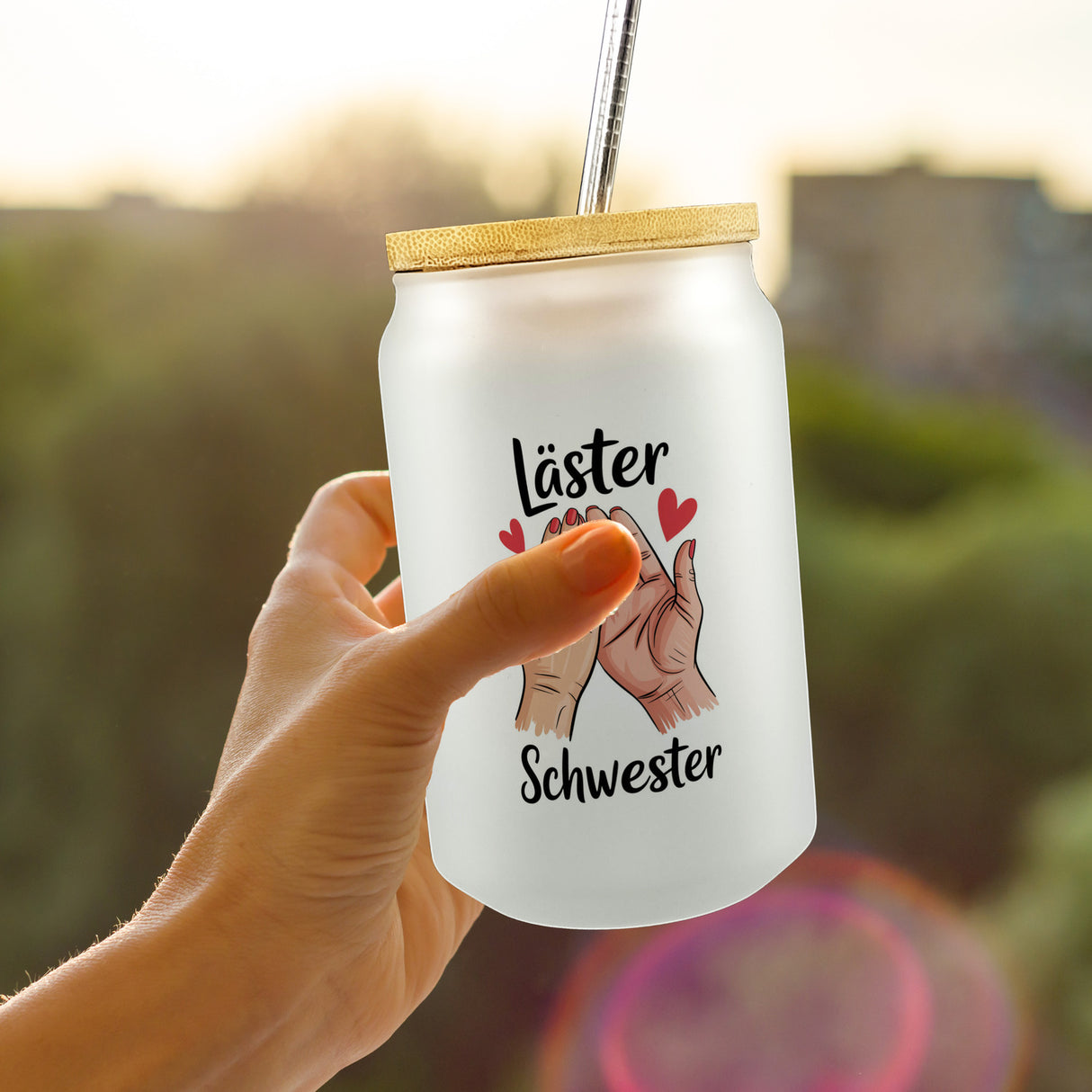 Läster Schwester Trinkglas mit Bambusdeckel für die beste Freundin