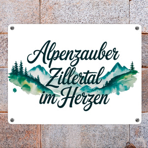 Alpenzauber Zillertal im Herzen Metallschild in 15x20 cm Berglandschaft