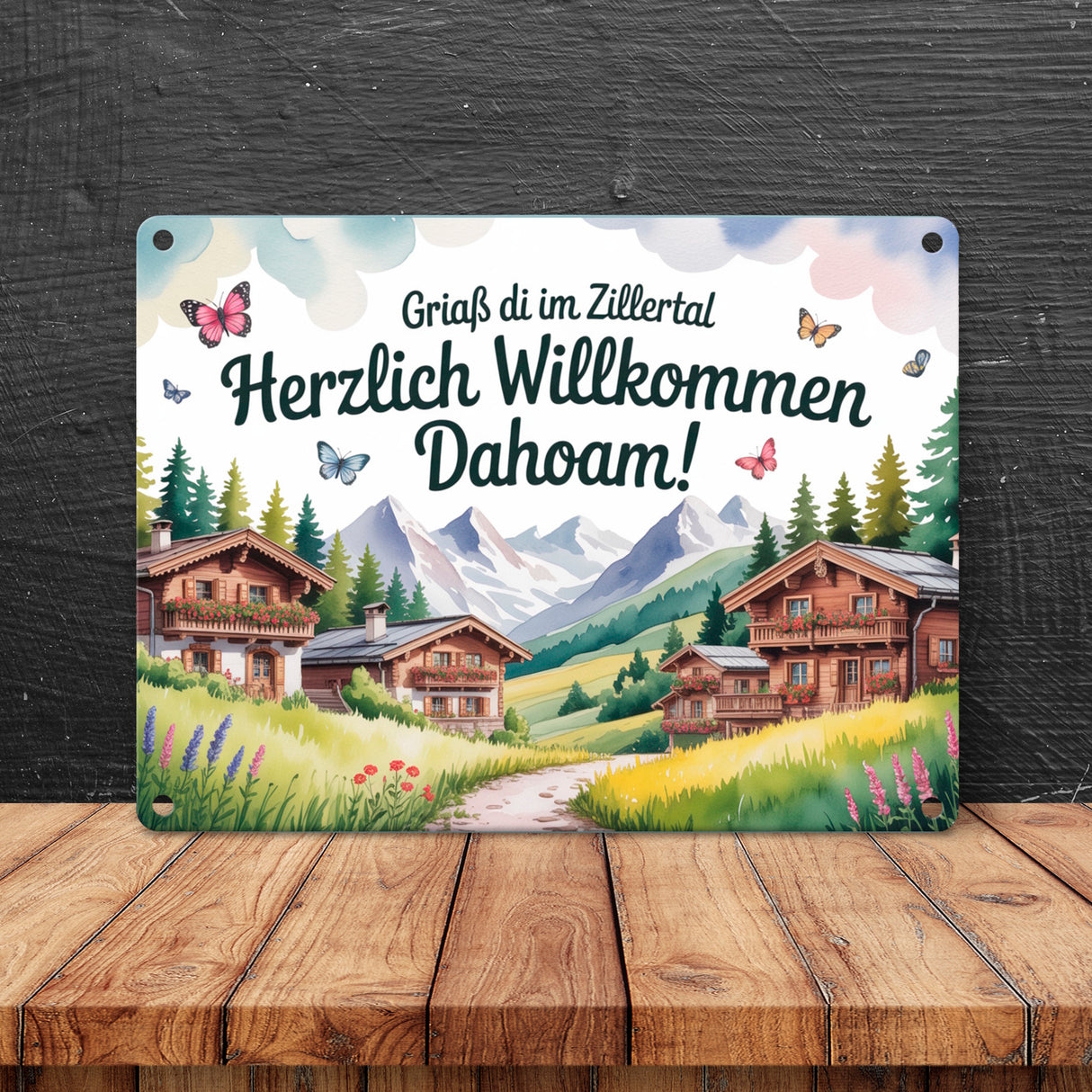 Griaß di im Zillertal Metallschild in 15x20 cm Tiroler Chalets