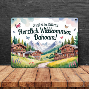 Griaß di im Zillertal Metallschild in 15x20 cm Tiroler Chalets