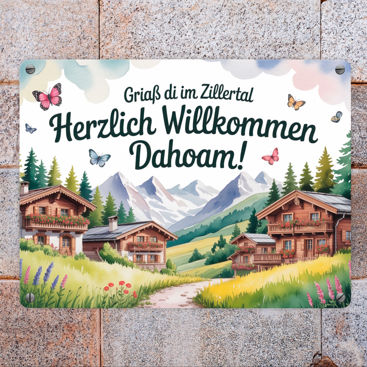 Griaß di im Zillertal Metallschild in 15x20 cm Tiroler Chalets