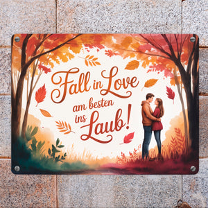 Fall in Love Laub Herbstszene Spruch Souvenir Magnet Metallschild