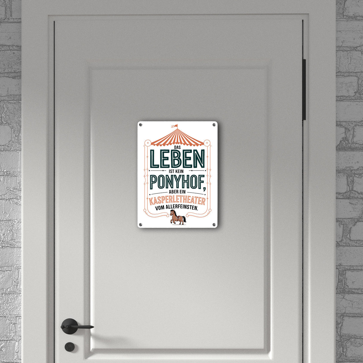 Das Leben ist kein Ponyhof sonder ein Kasperletheater Metallschild in 15x20 cm Cartoon Pferd