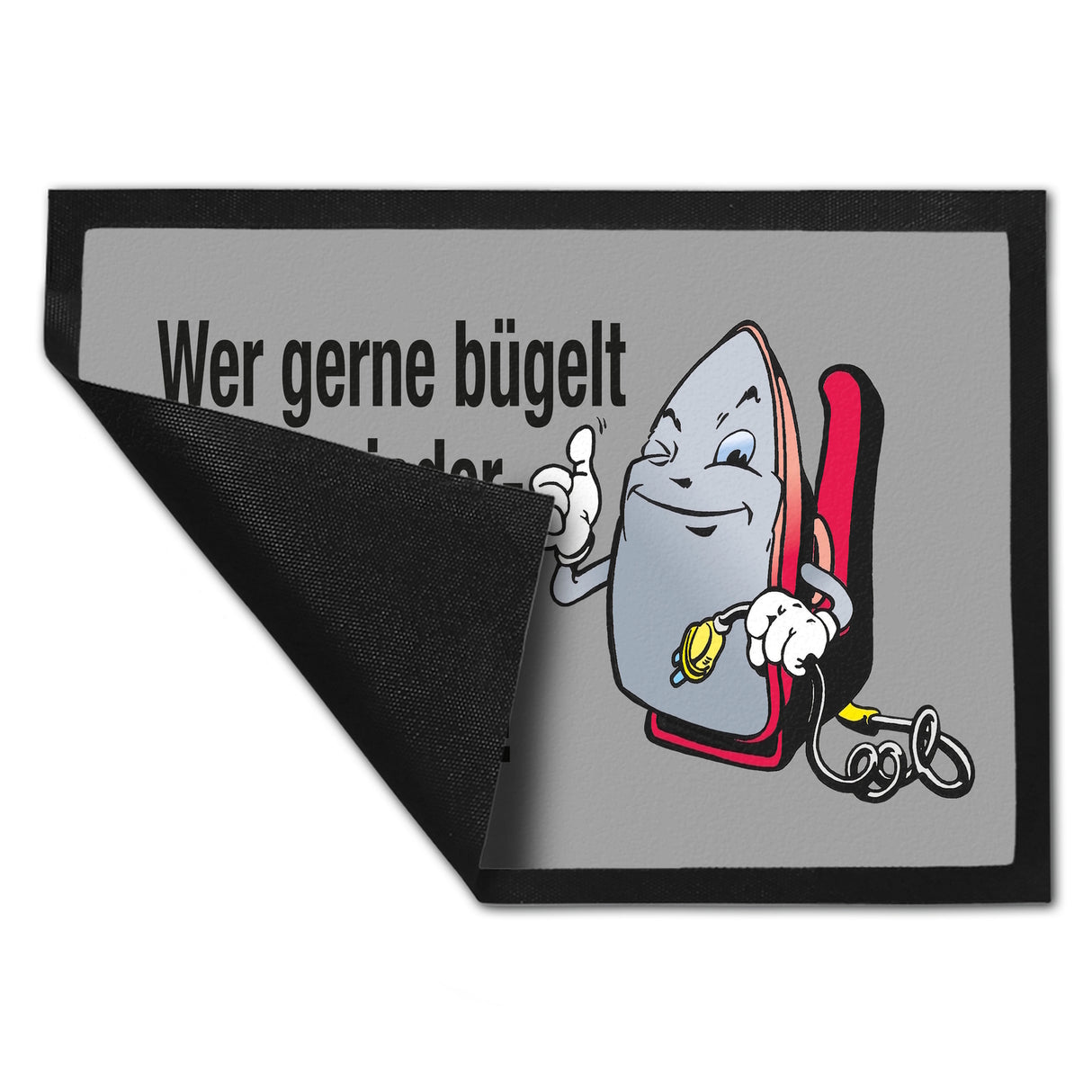 Lächelndes Bügeleisen Fußmatte in 35x50 cm mit Spruch: Freunde des Bügelns willkommen!