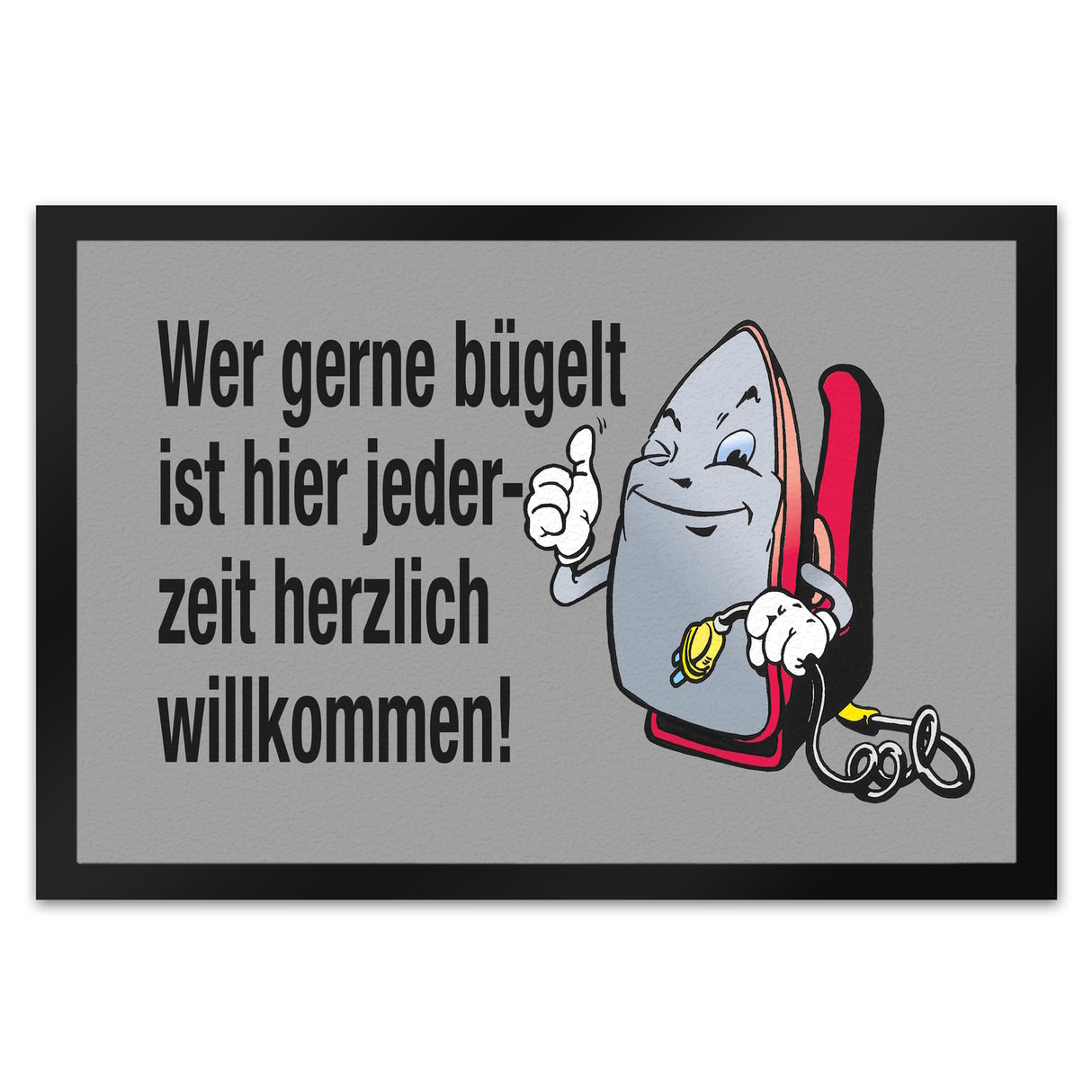 Lächelndes Bügeleisen Fußmatte in 35x50 cm mit Spruch: Freunde des Bügelns willkommen!