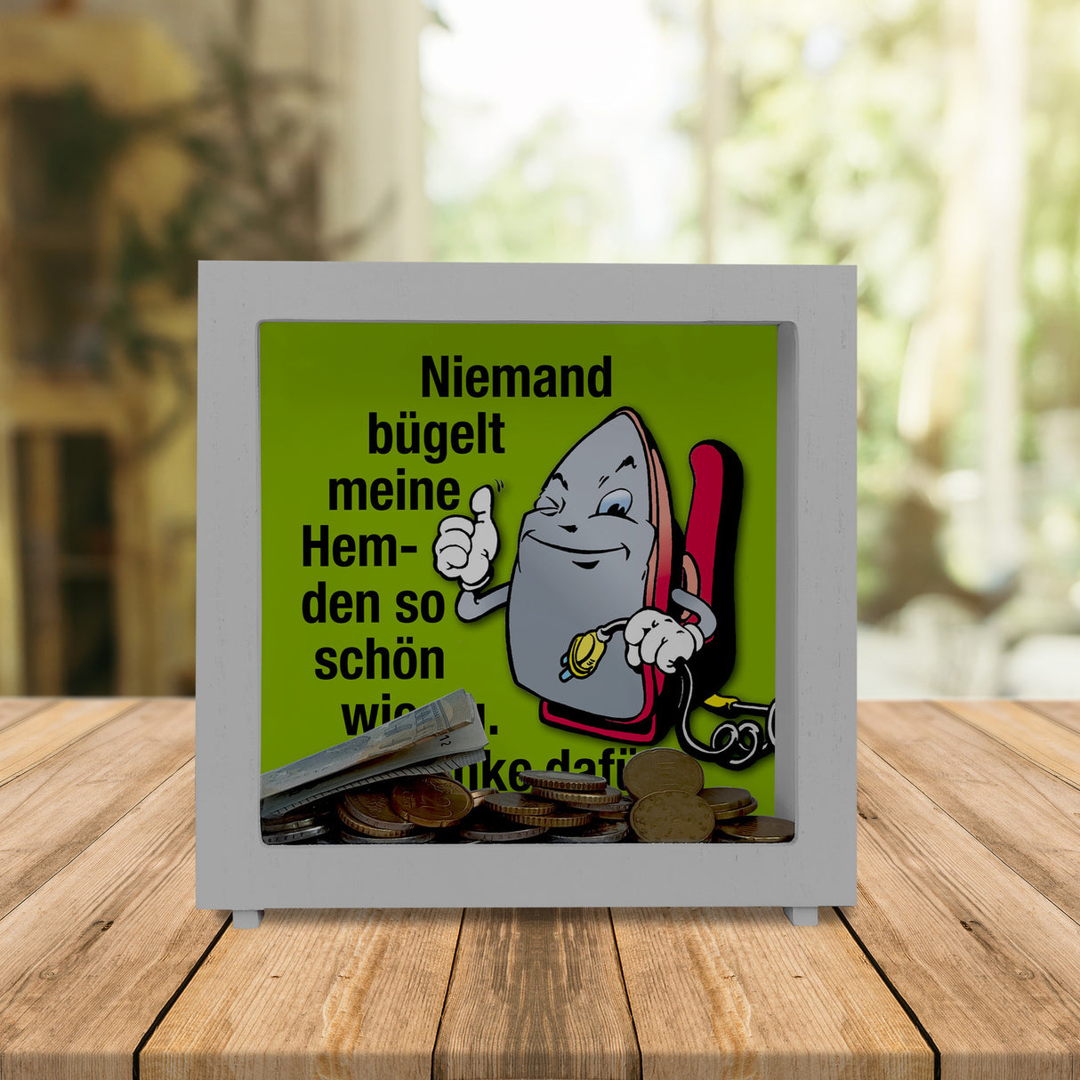 Lächelndes Bügeleisen Spardose mit Spruch: Danke fürs schöne Hemdenbügeln!