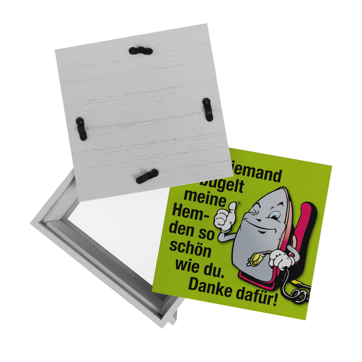 Lächelndes Bügeleisen Spardose mit Spruch: Danke fürs schöne Hemdenbügeln!