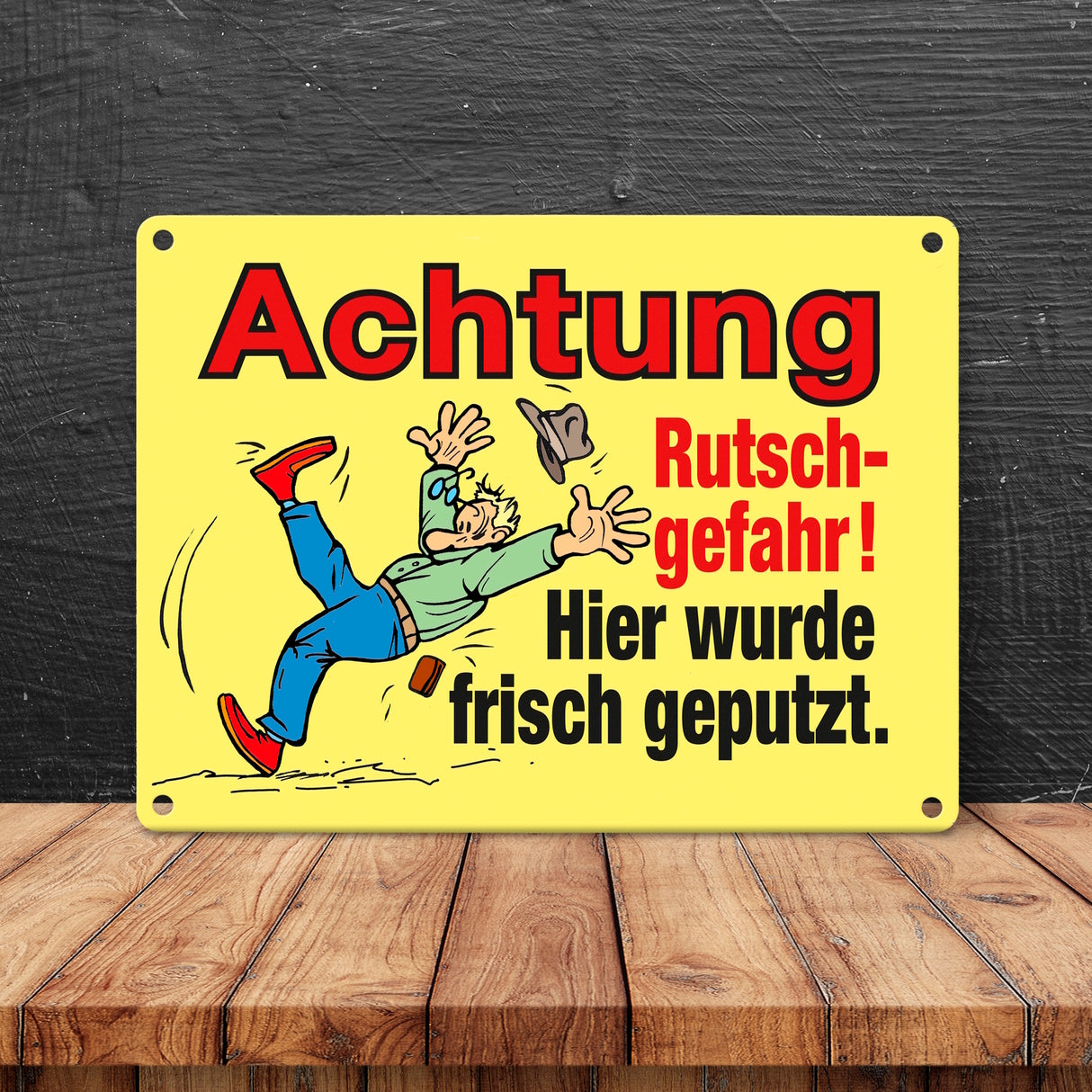Rutschiger Boden Metallschild in 15x20 cm mit Spruch: Rutschgefahr! Frisch geputzt