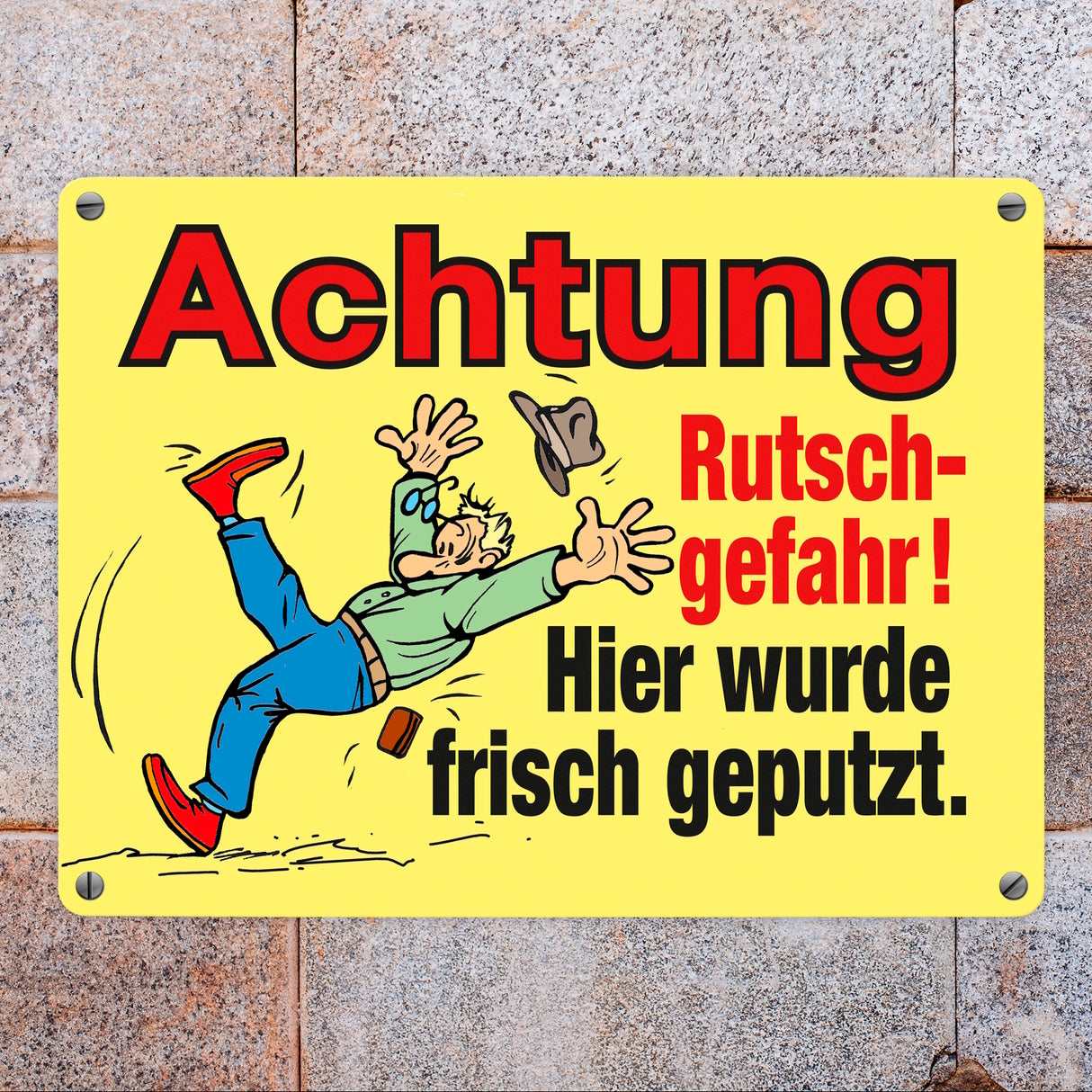 Rutschiger Boden Metallschild in 15x20 cm mit Spruch: Rutschgefahr! Frisch geputzt