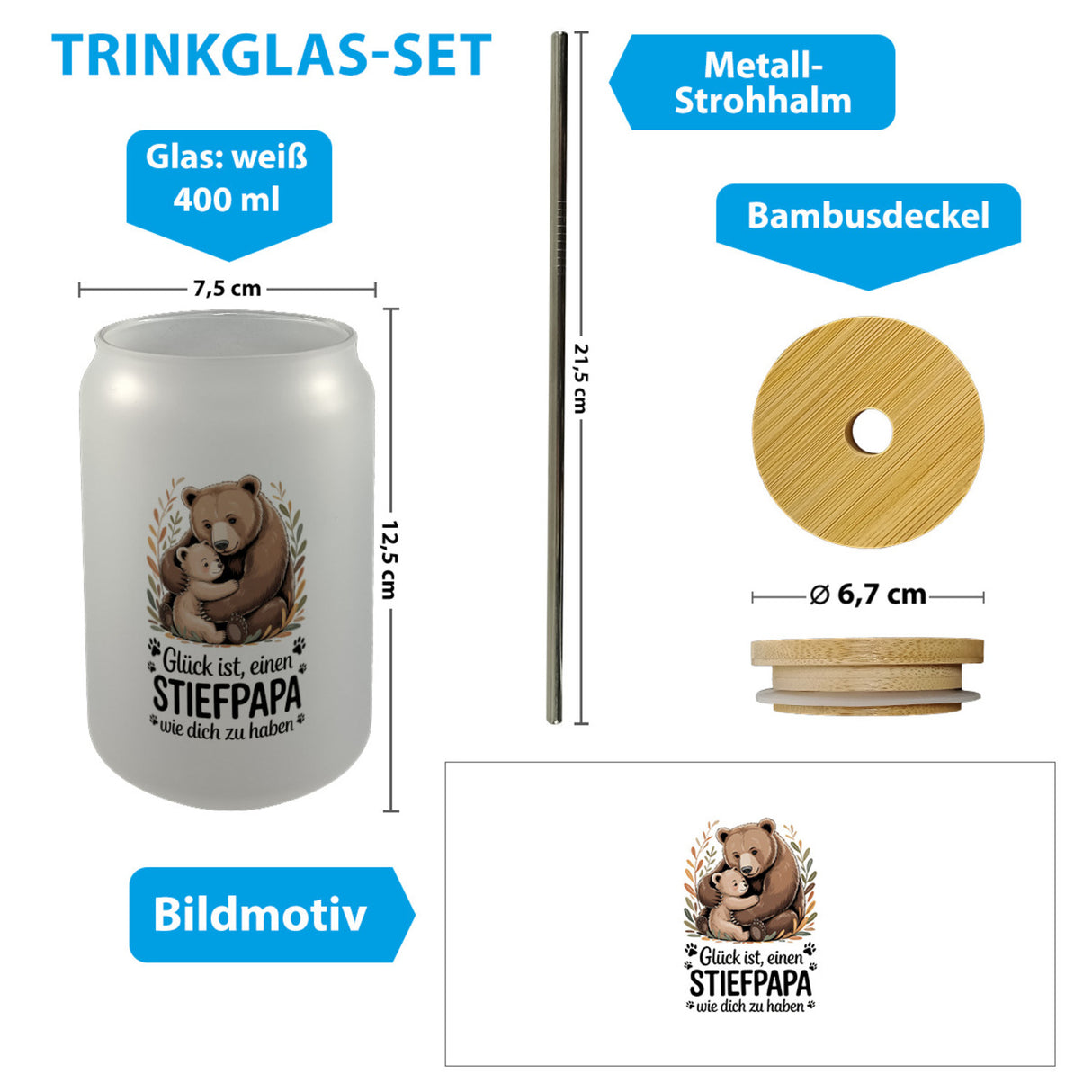 Glück ist einen Stiefpapa wie dich zu haben Bärenumarmung Trinkglas mit Bambusdeckel Vatertag